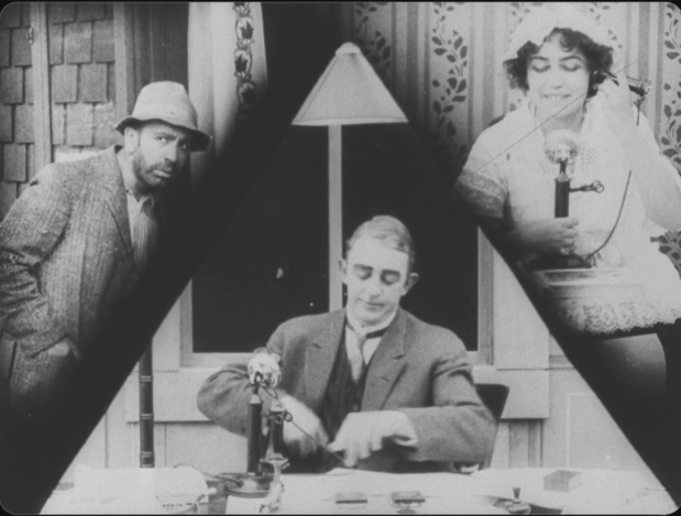 Lois Weber, Valentine Paul et Sam Kaufman dans un split screen du film Suspense (1913) de Lois Weber et Phillips Smalley