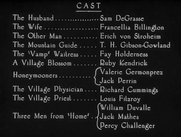 Casting du film Blind husbands (La loi des montagnes, 1919) d'Erich von Stroheim